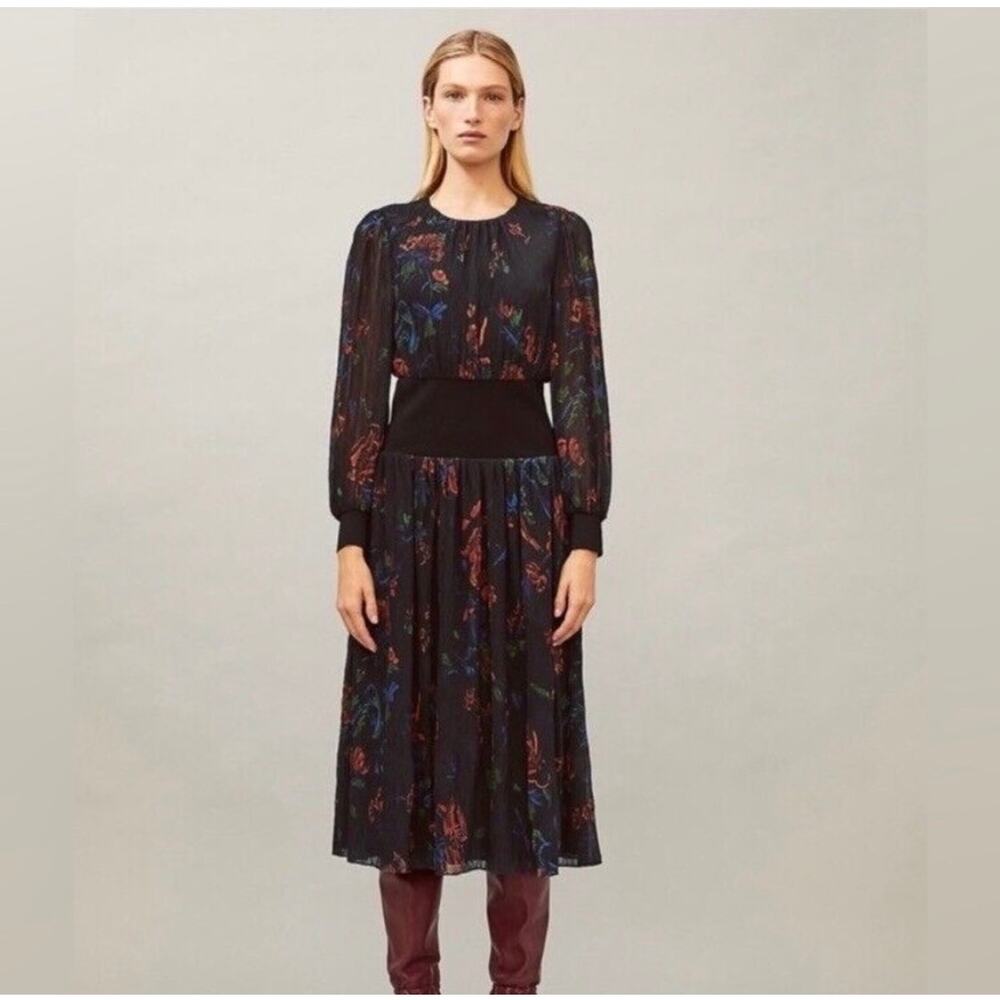 Tory Burch Floral Midi Dress in Ceramic Bouquet Long Sleeve Smocked Waist Size 6